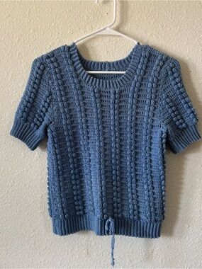 handmade short sleeve blue crochet pom-pom sweater